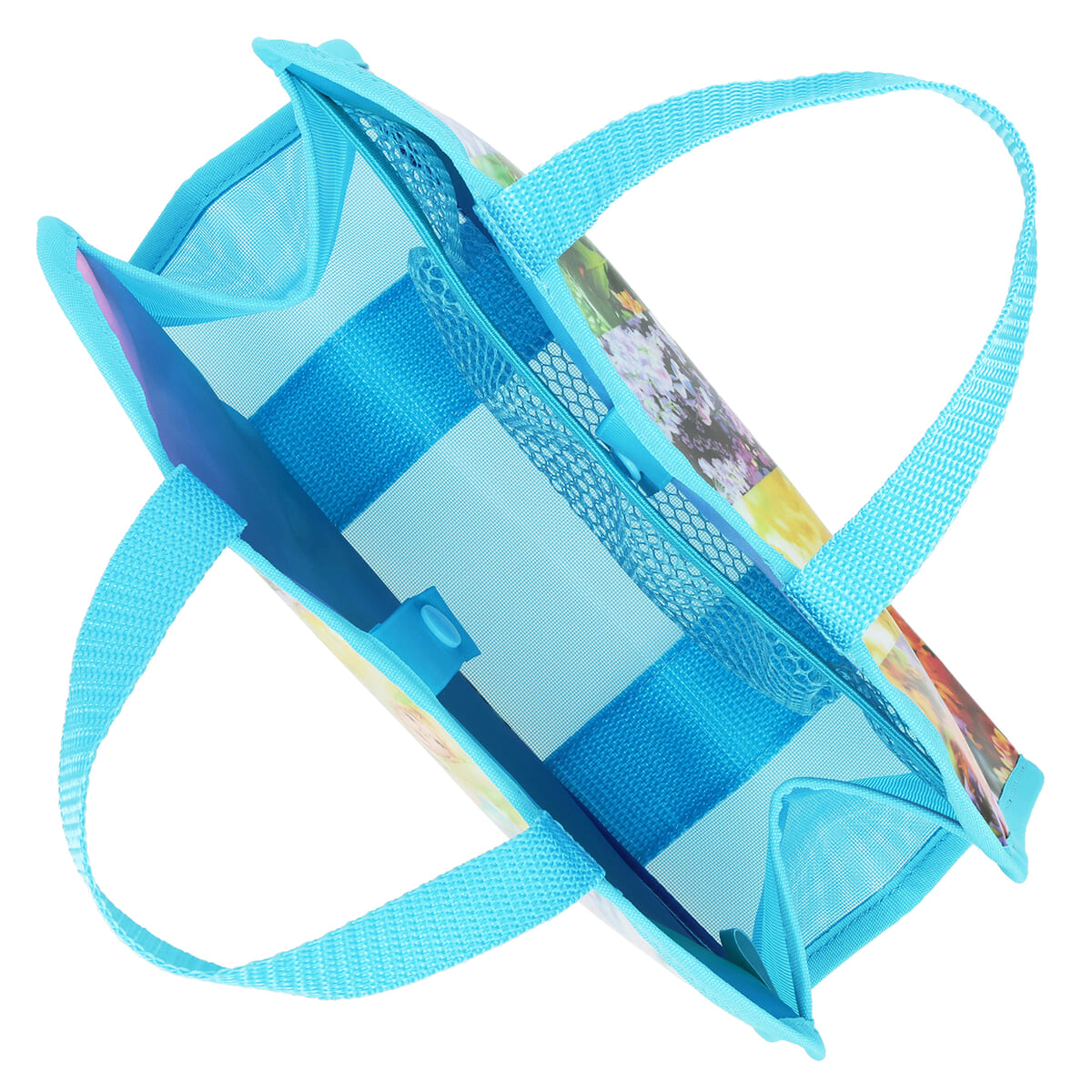 スパバッグのサイドのメッシュ部分と鮮やかなスカイブルーの持ち手