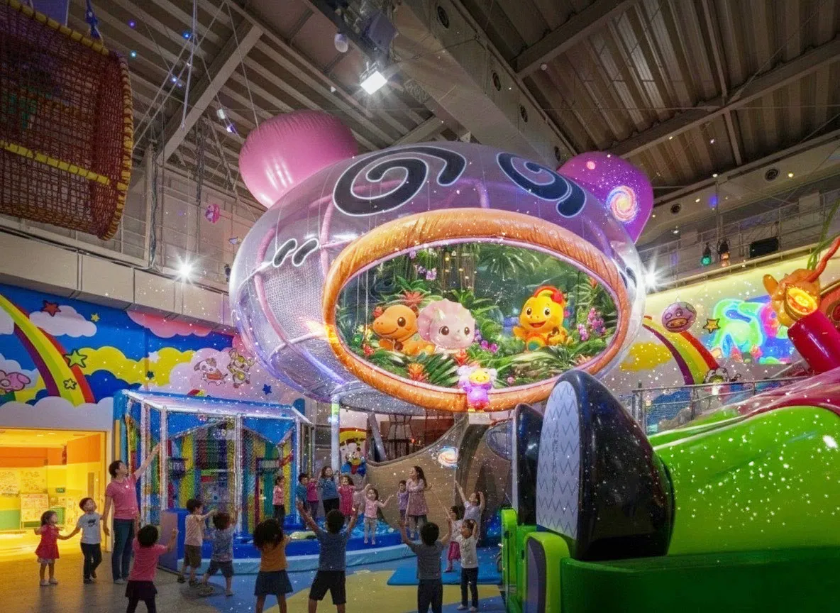 3時代を旅する参加型ショー！おやつタウン「夢のプロジェクションマッピングショー～恐竜と一緒に・ぴょんダンス～」 虹や星の装飾が広がる会場でショーを楽しむゲスト