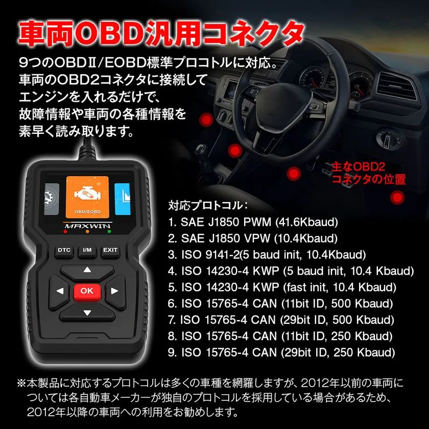 9つのOBDII/EOBD標準プロトコル対応一覧