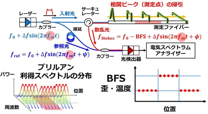 図1. ブリルアン光相関領域反射計(BOCDR)による分布測定の原理:光ファイバーに入射したレーザー光から生じるブリルアン散乱を利用し、ファイバー中の特定の位置