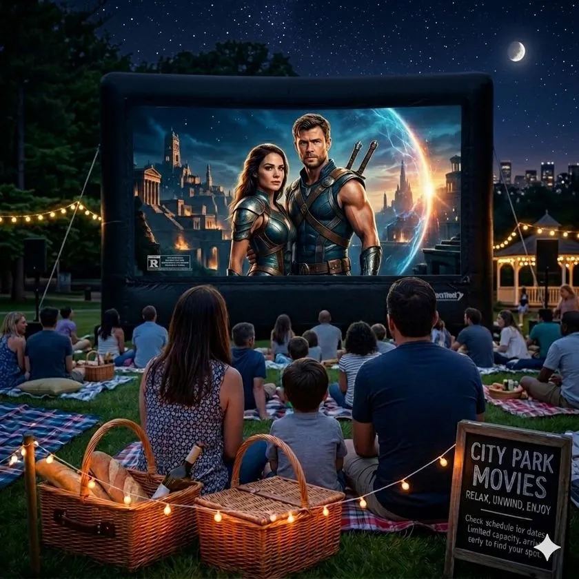 夜に楽しめる無料の野外映画上映イメージ