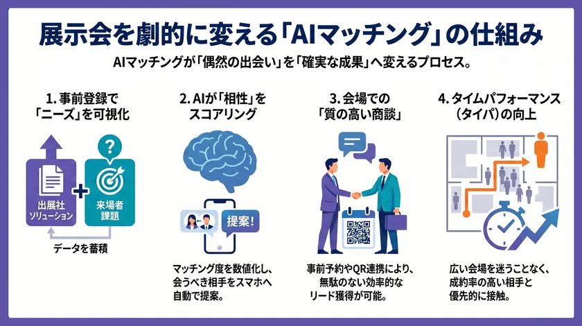 来場者データをもとに出展企業との適合度を算出するAIマッチングの仕組み