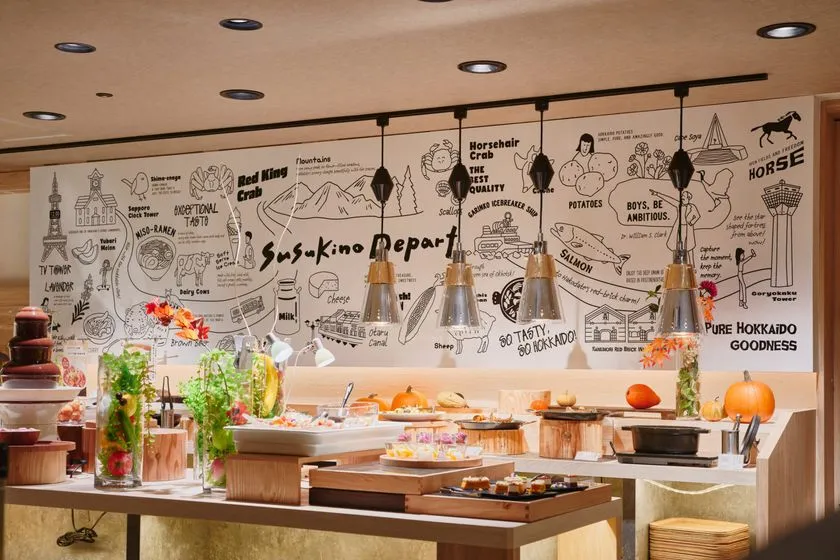 海鮮メニューが並ぶススキノデパートのビュッフェ台