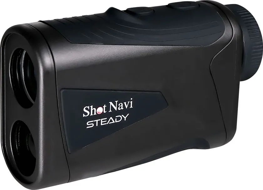 Shot Navi STEADYのゴルフ用レーザー距離計本体。黒いコンパクトボディに測距レンズ・接眼レンズ・ダイヤル調節部が確認できる斜め正面からの単品商品ショット。