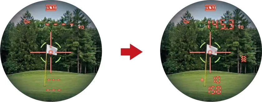 Shot Navi STEADY のポイント計測。目標物に向けてレーザーを照射し距離を表示する様子