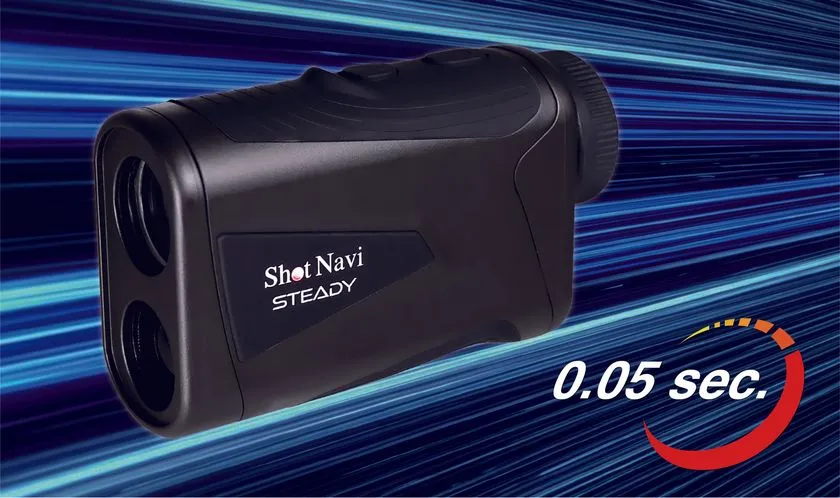 Shot Navi STEADY の計測操作イメージ。ボタンを押した0.05秒後に距離が即座に表示される様子