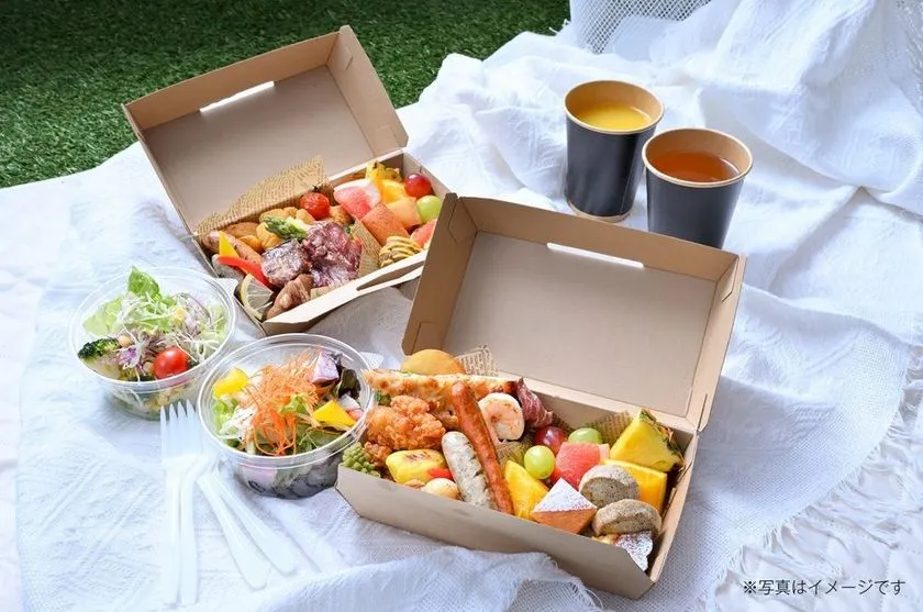 ピクニックプラン用ボックスランチ2種と彩り野菜サラダ、フルーツ、ドリンク2杯をホワイトシート上に並べた料理全体写真