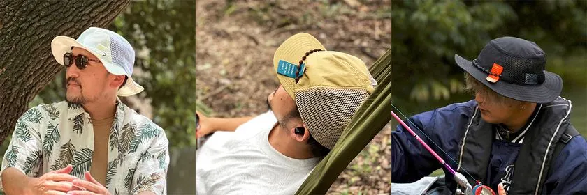 CATERPP製キャップ3種（ホワイト・イエロー・ブラック）を屋外で着用した男性モデル3名のスタイリング写真。アウトドア・釣りシーンでの着用イメージ