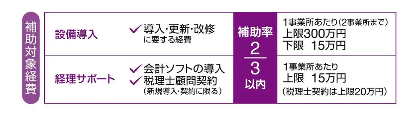 補助対象経費の詳細表。設備導入（上限300万円・下限15万円）と経理サポート（上限15万円）の2区分ごとに対象費目と補助率2/3以内を明示した一覧表。