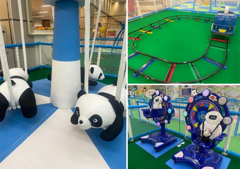 パンダ型オブジェ付き遊具、楕円レールを走る子ども用電動ミニトレイン、光るメリーゴーランド型乗り物