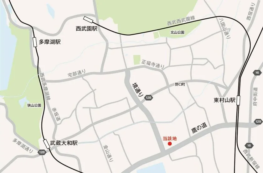 東村山市内におけるMCUD Retail東村山の位置を赤丸で示す地図。東村山駅、西武園駅、多摩湖駅、武蔵大和駅と主要道路の位置関係が描かれている