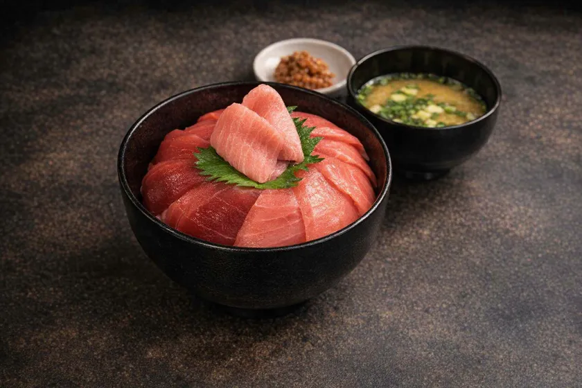 黒塗り丼に薄切りのマグロ刺身を花びら状に盛り付けたマグロ丼。味噌汁・薬味の小皿とともにセット提供の全容がわかる商品写真