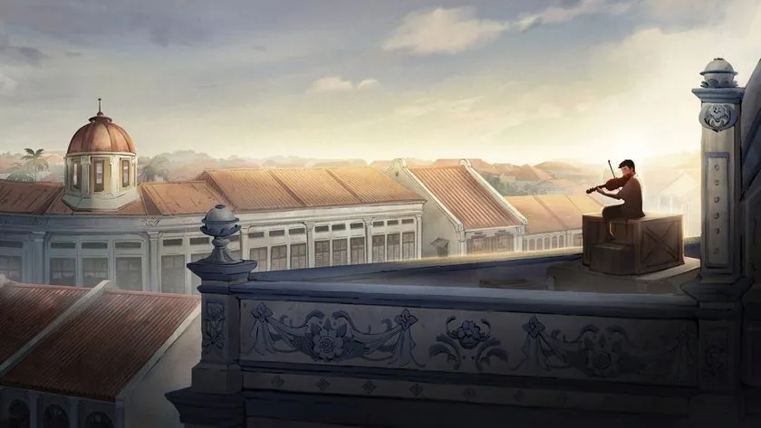 アニメ映画『The Violinist』の屋上シーン。建物の屋上でバイオリンを弾く男性キャラクターと、植民地建築風の街並みが広がる劇中カット。