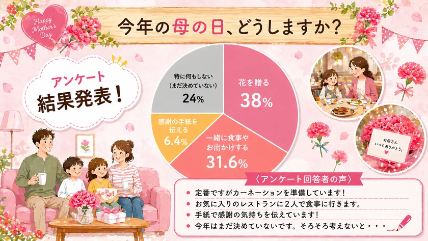 母の日のプレゼントに関するアンケート結果を円グラフで示したインフォグラフィック。花を贈る38%・一緒に食事31.6%・未定24%・手紙6.4%の割合と回答者コメントを掲載