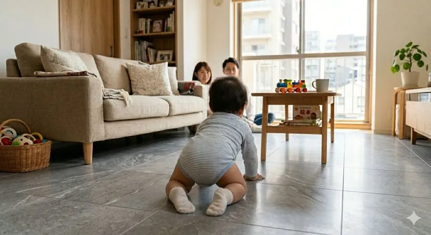フロアタイル床のリビングで赤ちゃんが這い這いし、親がソファから見守る居住シーン