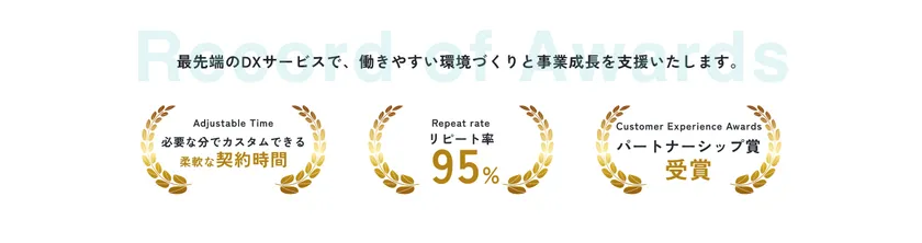 スマレディDXのサービス実績バナー。リピート率95%・カスタム契約時間・カスタマーエクスペリエンス賞受賞の3項目をゴールドのリース飾りで並列表示したグラフィック