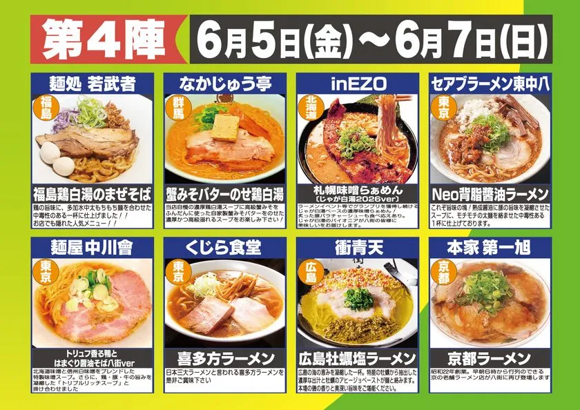 第4陣（6月5日金〜7日日）出店8店舗の一覧表。福島鶏白湯まぜそば・蟹みそバター鶏白湯・札幌味噌らぁめん・京都ラーメン・広島牡蠣塩ラーメンなど各店の丼写真と説明を掲載