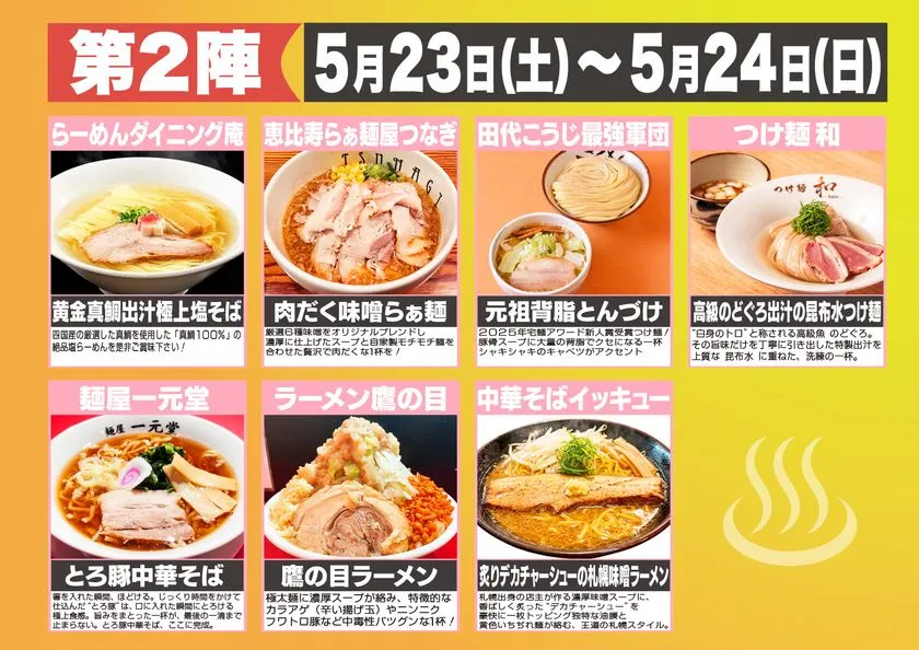 第2陣(5月23日土〜24日日)の出店7店舗一覧。らーめんダイニング庵・恵比寿らぁ麺屋つなぎ・田代こうじ最強軍団・つけ麺和・麺屋一元堂・ラーメン鷹の目・中華そばイッキューの料理写真と説明付き