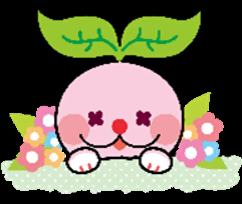 サムティのキャラクター(ピンク色の丸い植物系マスコット)が花に囲まれて顔をのぞかせているイラスト。頭部に葉っぱが生えた愛らしいデザイン。