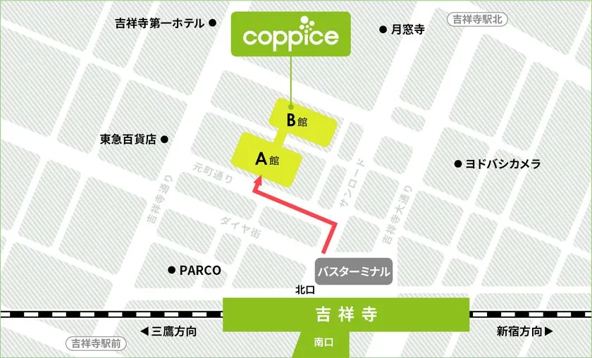 コピス吉祥寺A館・B館の周辺案内地図。吉祥寺駅バスターミナルからA館への徒歩ルートを赤矢印で示し、東急百貨店・PARCO・ヨドバシカメラ等のランドマークを併記