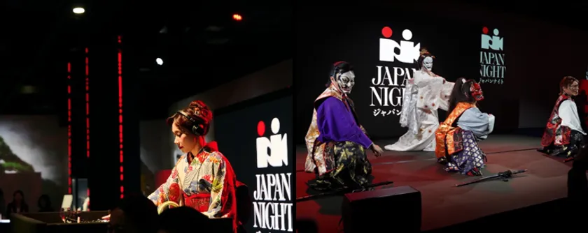 過去のJAPANESE NIGHTイベント会場での和装パフォーマンス2場面。左は着物姿の女性DJステージ、右は能面・白無垢を含む和装パフォーマーがステージ上で演じる様子