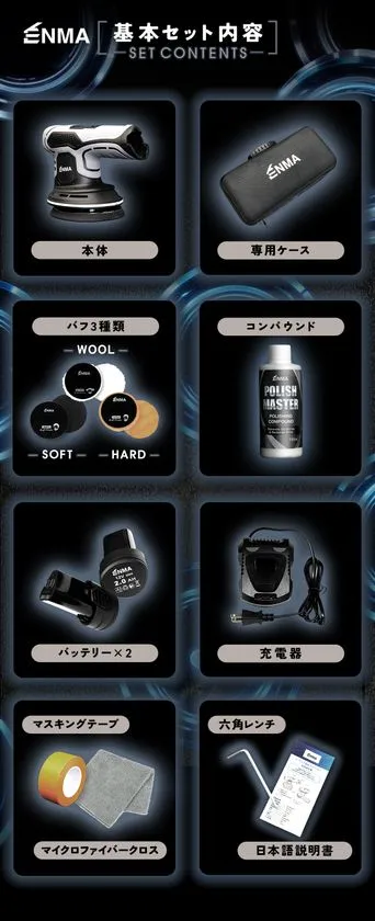 ENMAダブルアクションポリッシャーの基本セット内容一覧。本体・専用ケース・バフ3種類(WOOL/SOFT/HARD)・コンパウンド・バッテリー×2・充電器・マスキングテープ・マイクロファイバークロス・六角レンチ・日本語説明書の全付属品を図