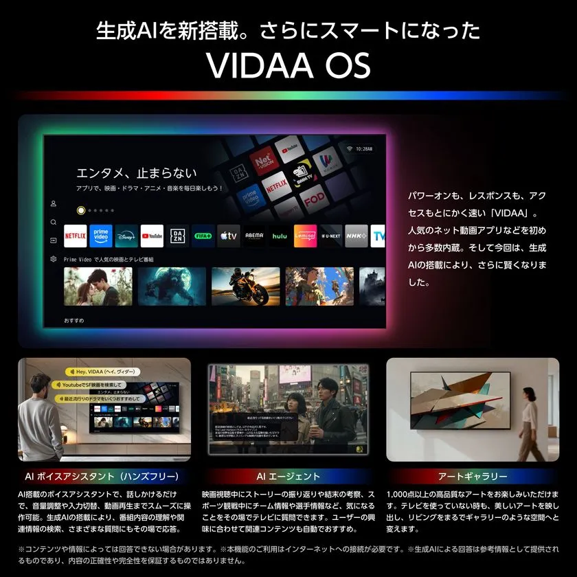 ハイセンスRGB UXSシリーズのVIDAA OS紹介画像。生成AI搭載でAIボイスアシスタント・AIエージェント・アートギャラリーの3機能をUIスクリーンショットと説明文で図解