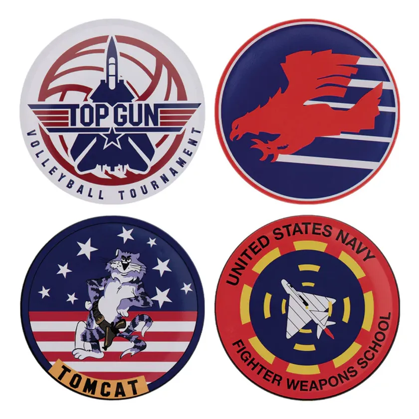 トップガン公式コースター4枚セットの全柄商品写真。バレーボールトーナメント・鷹・TOMCATキャラクター・United States Navy Fighter Weapons Schoolの各デザインを収録した円形コースター
