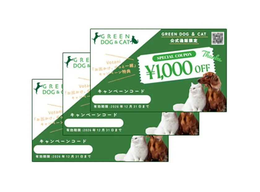 GREEN DOG & CAT公式通販限定のVotaniコラボキャンペーン特典クーポン3枚重ね。¥1,000 OFFスペシャルクーポンで有効期限2026年12月31日、犬と猫の写真入りグリーンデザイン