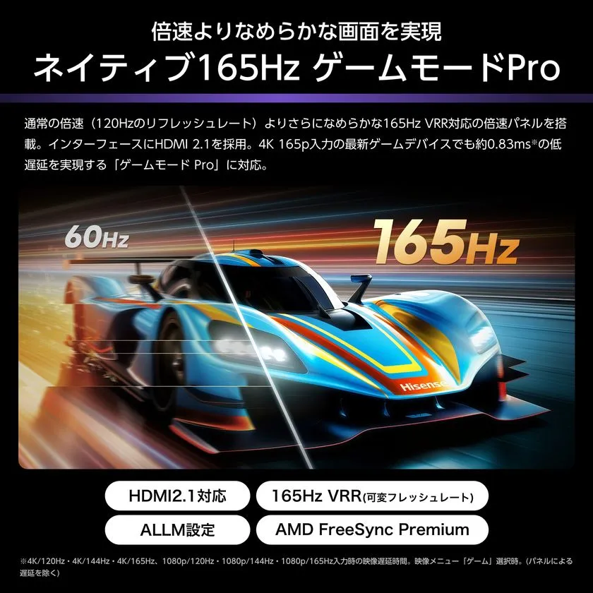 ハイセンステレビのネイティブ165HzとゲームモードPro対応を示す比較画像。60Hzと165Hzのレーシングカー映像を左右分割で表示