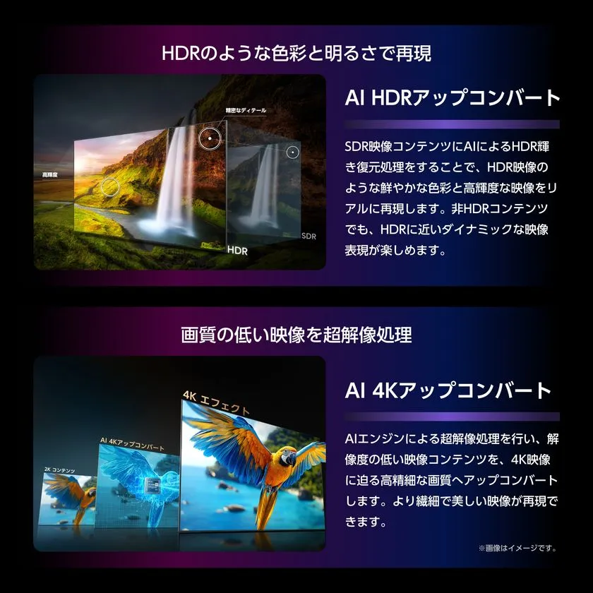 ハイセンステレビのAI HDRアップコンバートとAI 4Kアップコンバートを滝とオウムの映像で比較した仕様解説画像