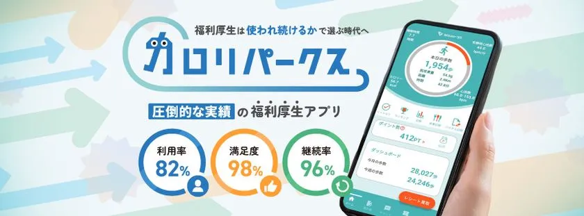 福利厚生アプリ「カロリパークス」のサービス紹介バナー。利用率82%・満足度98%・継続率96%の実績数値とスマートフォン画面UIを掲載
