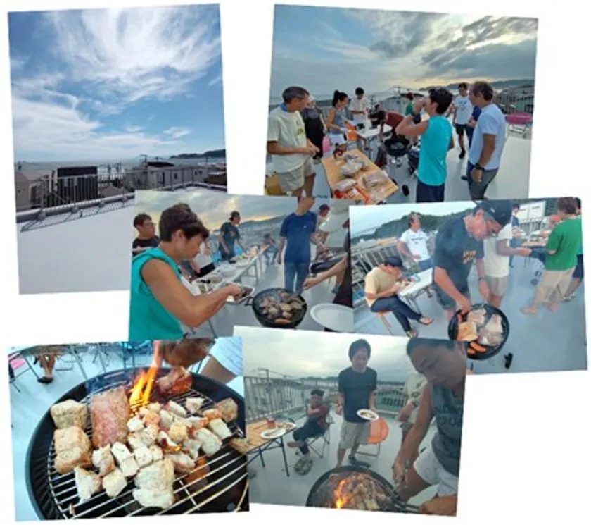 OSJ湘南クラブハウスの屋上テラスで開催されたBBQイベントの複数ショットを1枚にまとめたコラージュ。肉や豆腐を焼くグリルのアップ、メンバーが料理を皿に盛り付ける様子、海沿いの空を背景に参加者が歓談する光景が収められている。
