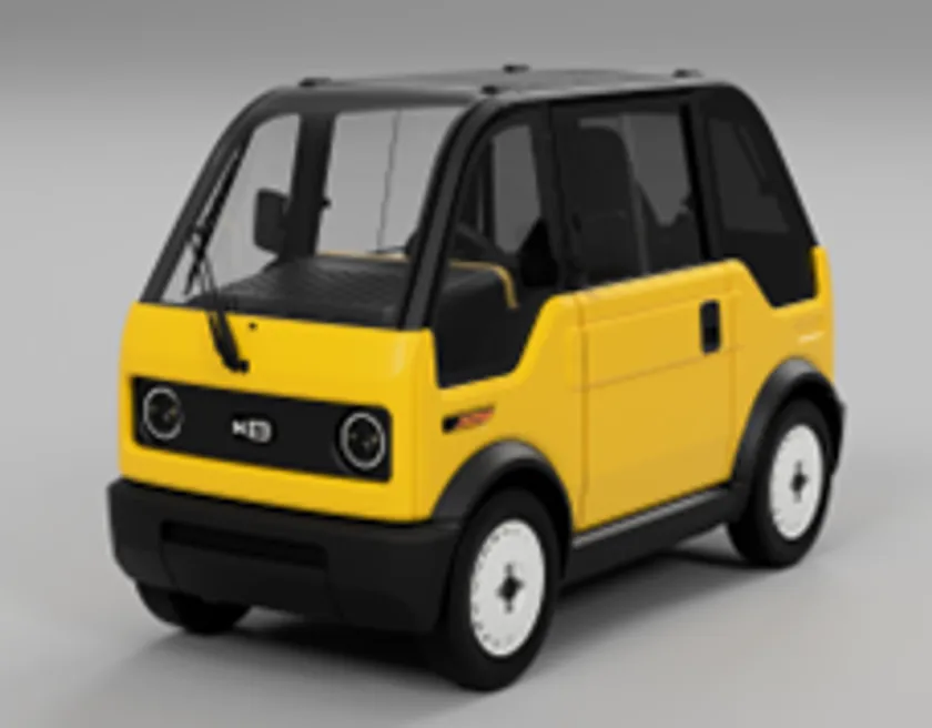 KGモーターズ製小型電動モビリティ「mibot(ミボット)」のイエロー×ブラック2トーン外装、丸型ヘッドライト2灯と箱型ボディを斜め前方から捉えた3Dレンダリング車両全体像