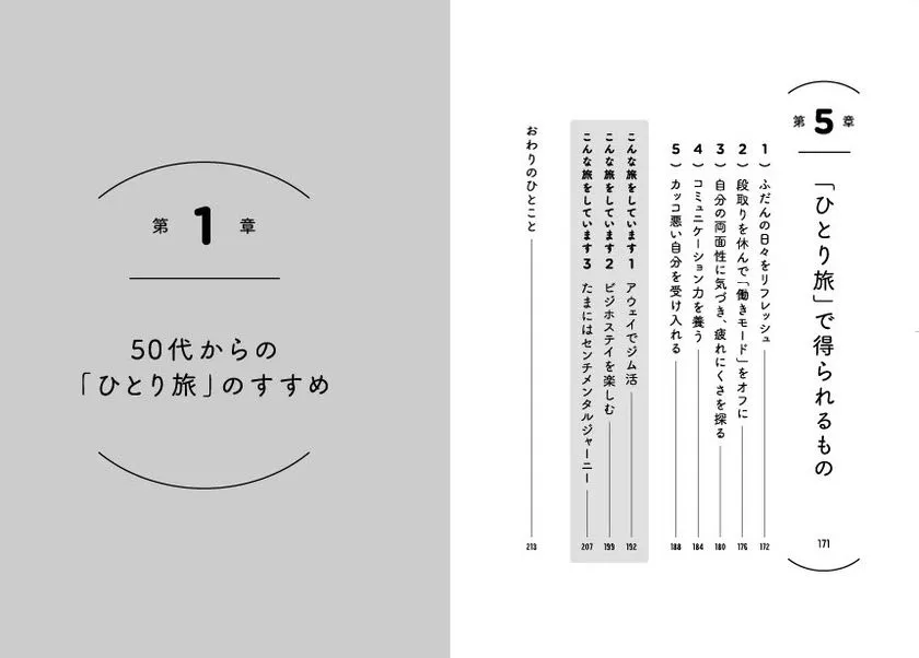 書籍『50代からのひとり旅のすすめ』の第1章扉ページと第5章目次ページの見開き構成。各章タイトルと節番号・ページ数が記載された本文レイアウト