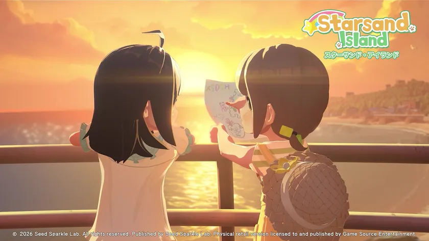 スターサンド・アイランドのゲーム内夕焼けシーン、2人の女性キャラクターが船上でアイランドの地図を広げて見ているカットシーン風3D映像