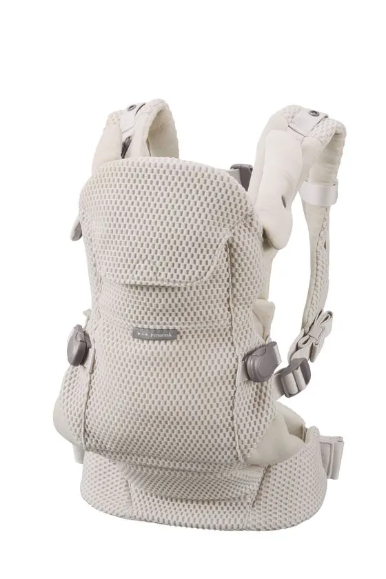 BABY CARRIER ON Pittoresk 抱っこひも(グレージュ/アイボリー系カラー)の背面・側面から見た単品商品写真。メッシュ素材のパネル、肩ベルト、腰ベルト、バックル類の構造が確認できる