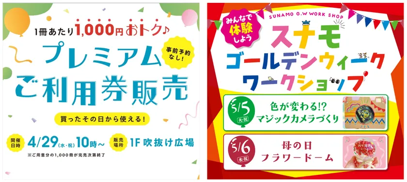 SUNAMO商業施設のイベント告知2点並列：左は4月29日1F吹抜け広場でのプレミアムご利用券販売（1冊あたり1,000円おトク・事前予約不要）、右はGWワークショップ（5/5マジックカメラづくり・5/6母の日フラワードーム）の日程と内容案