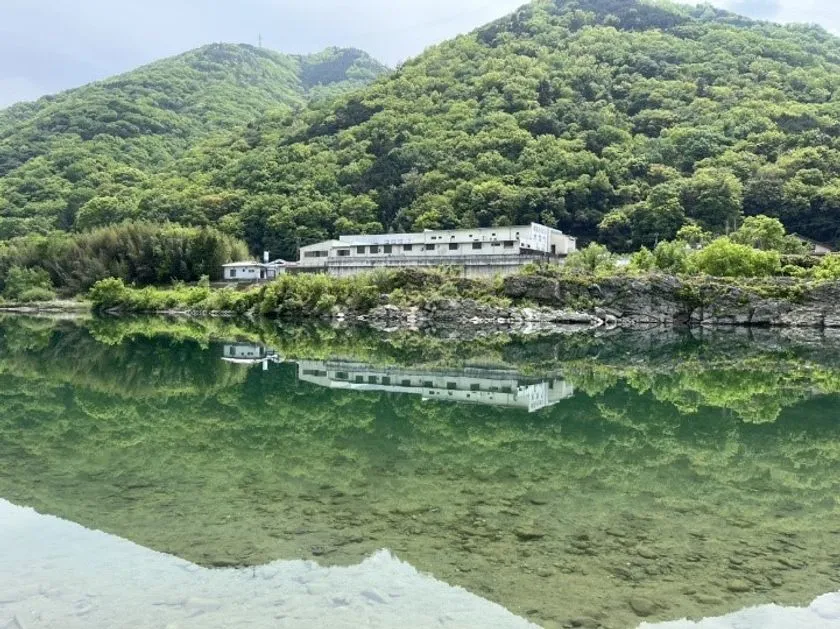 緑深い山を背景に、川沿いに建つ白い工場・製造施設の外観写真。川面に建物と山が鏡面反射しており、半田そうめんの産地である徳島県の自然環境と製造拠点の立地を示す風景ショット。
