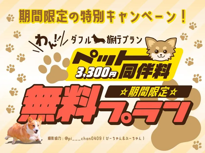 期間限定ペット同伴無料キャンペーン。1日2組限定のツインドームで愛犬と贅沢旅