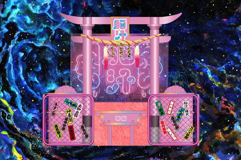 脳汁をテーマにしたピンク色の鳥居型神社セット什器のイラスト。脳汁と書かれた額縁・ネオン装飾・絵馬風短冊が並ぶ体験型フォトスポットのイメージビジュアル