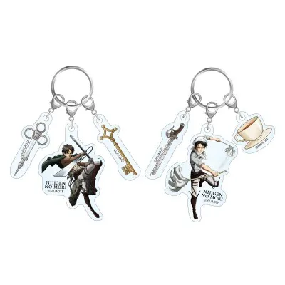 進撃の巨人×ニジゲンノモリコラボのアクリルキーホルダー2種（エレン・リヴァイ）の商品写真。キャラ本体に鍵・剣・ティーカップなど小型チャームを連結したセット構成