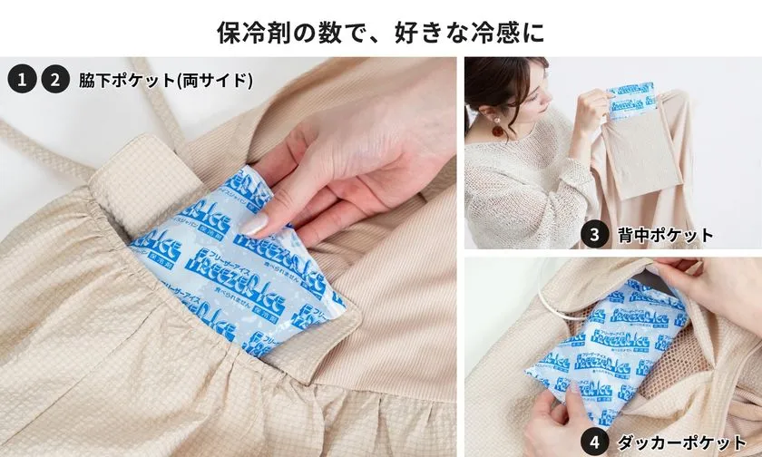 空調ママベストの保冷剤収納ポケット説明画像。脇下両サイド・背中・ダッカーの計4か所にFreeze Ice保冷剤を入れる手順をクローズアップ写真で図解