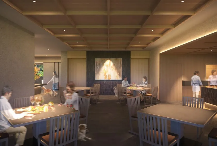 THE SCENE HAKONE YUMOTOのレストランダイニングのCG完成予想図。格天井の落ち着いた和モダン空間に犬連れゲストが着席し、奥壁面にアート作品を配置したテーブル席レイアウト