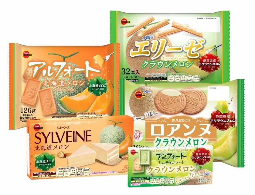 2つの味わいの"メロンフェア"商品5品が並ぶ