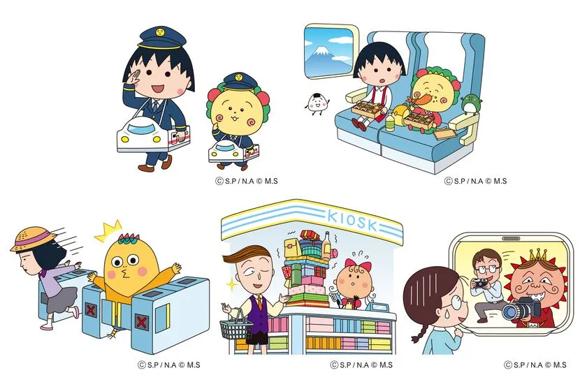 キャンペーン描き下ろしイラスト5点の白背景並び。駅員まる子とコジコジ、新幹線車内での弁当シーン、改札通過シーン、KIOSK店頭シーン、カメラ撮影シーンをまとめたイラスト集