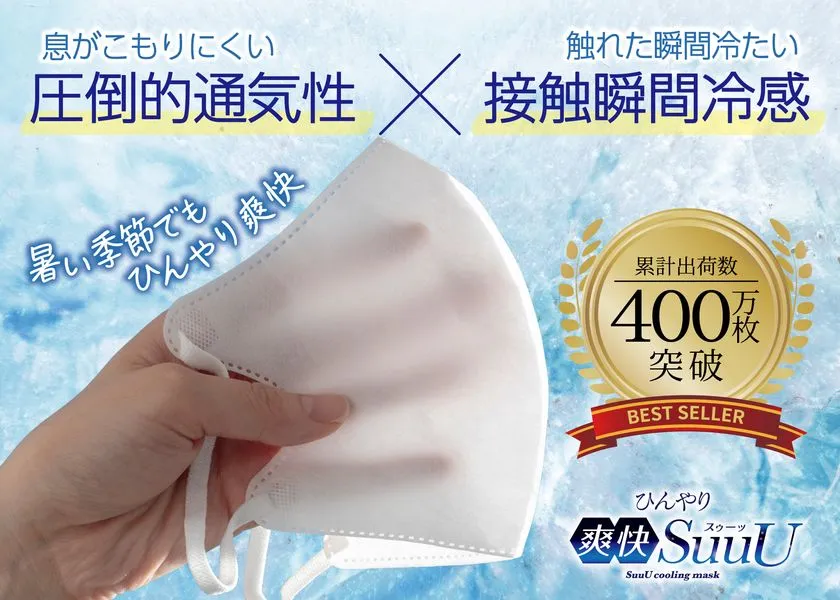 ひんやり爽快SuuUマスクの本体を手に持った商品写真。累計400万枚出荷・圧倒的通気性・接触瞬間冷感の3訴求をテキストで重ねたベストセラー告知構成