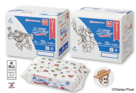 アカチャンホンポオリジナルのトイ・ストーリーデザイン「水99% Super」ウェットシート新商品。バズとウッディ柄の大箱2個と詰め替えパウチ1個のセット写真、60枚×20冊構成