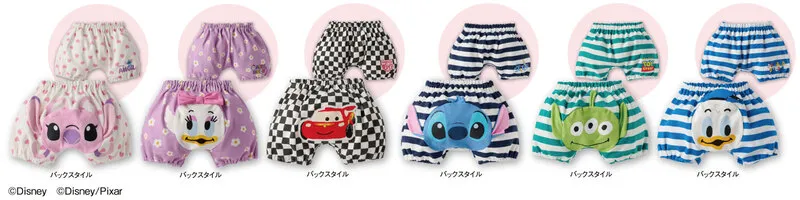 スティッチ・デイジー・カーズ・エイリアン・ドナルドなどキャラクターのバックデザインが特徴的なベビー用かぼちゃパンツ6種類を並べた全点比較ショット