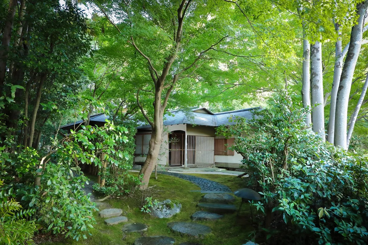 緑に囲まれた数寄屋造りの茶室外観。苔むした飛び石の小径と青モミジの木立が前景に広がる、ホテル敷地内の茶寮建物